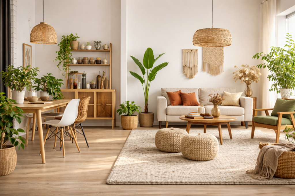 Salon moderne et lumineux avec verdure