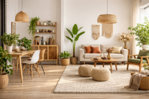 Salon moderne et lumineux avec verdure