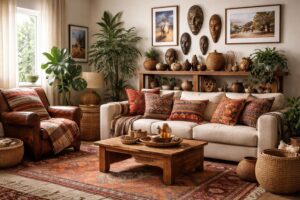 apportez une touche nomade authentique à votre intérieur en décorant votre maison avec des souvenirs de voyage et des objets ethniques uniques, pour un style chaleureux et personnel.